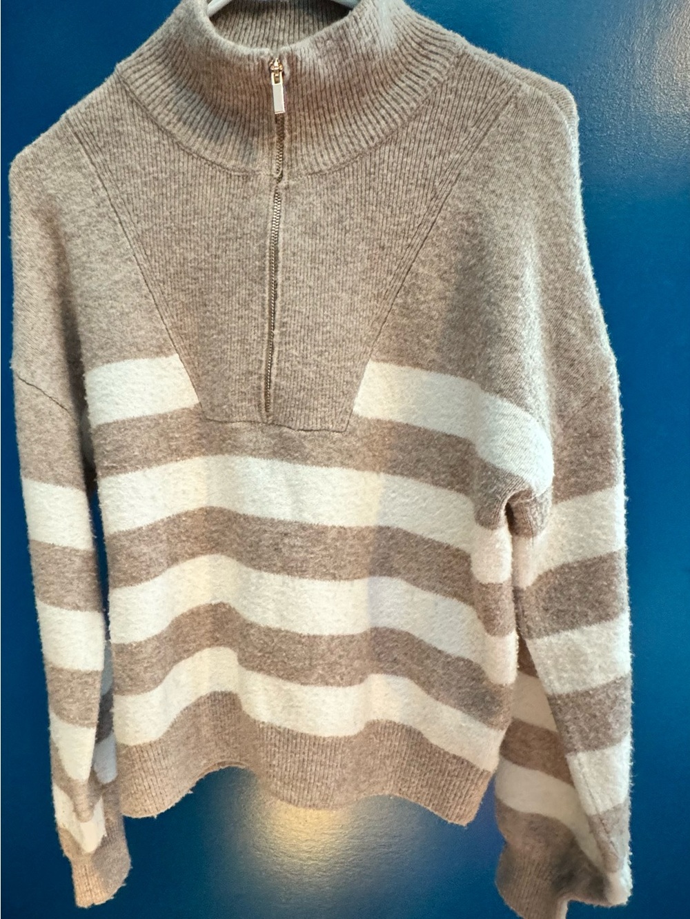 Draper James Cream and Tan Striped Half-Zip Turtleneck Sweater